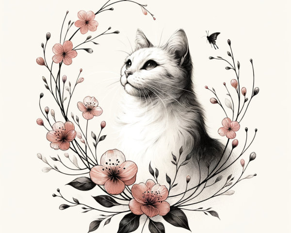 Illustration of a Cat Surrounded by Floral Elements