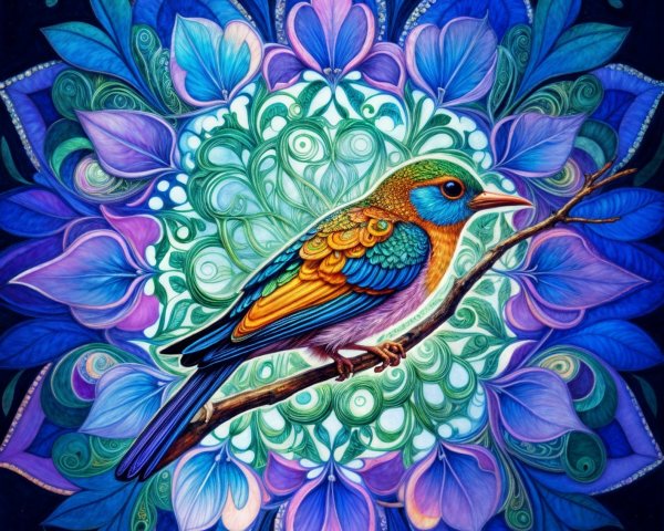 Vibrant Bird on Floral Mandala with Intricate Details