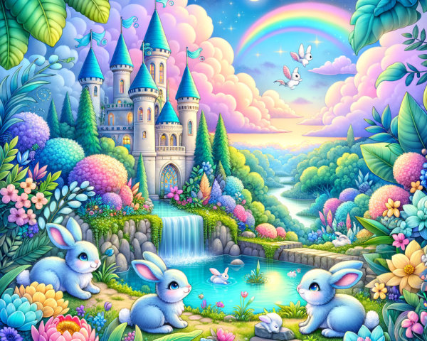 Whimsical Landscape with Castle and Playful Rabbits