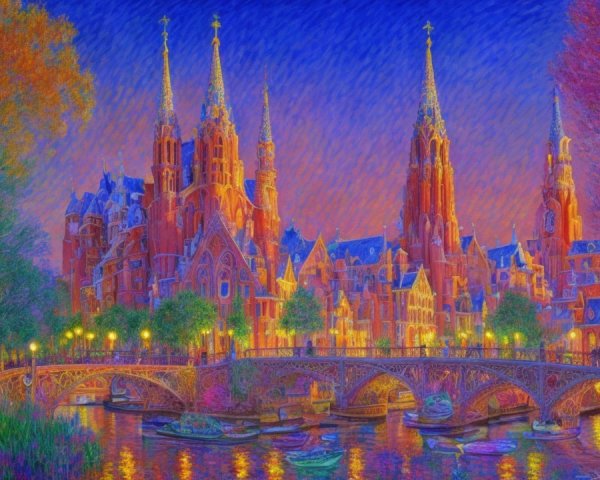 Fairy-tale castle scene with twilight sky and canal