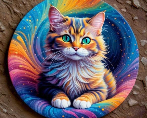 Vivid Circular Artwork of a Fluffy Calico Cat