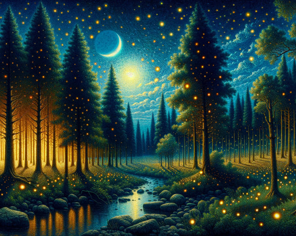 Serene forest scene with ethereal blue and golden light