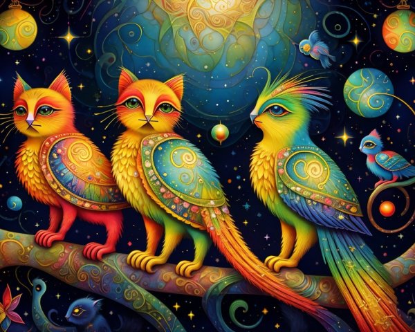 Vibrant Fantastical Creatures on Cosmic Branch