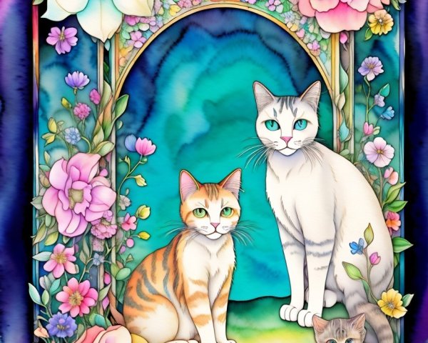 Colorful Illustration of Three Cats in Floral Setting