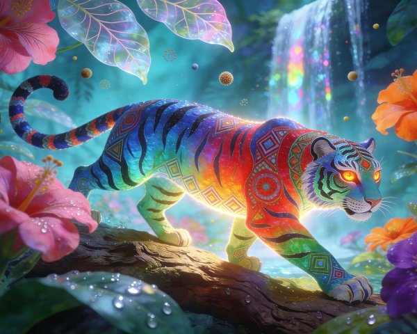Psychedelic Tiger with Rainbow Fur and Tribal Patterns