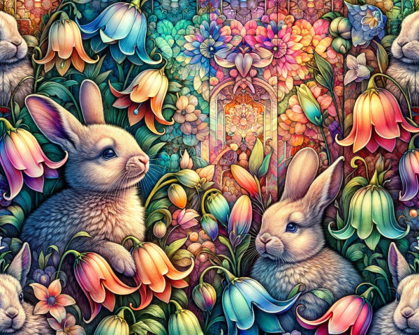 Colorful Floral Pattern with Whimsical Bunnies