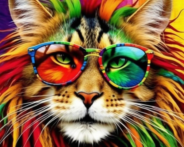 Colorful Lion with Oversized Sunglasses in Rainbow Background