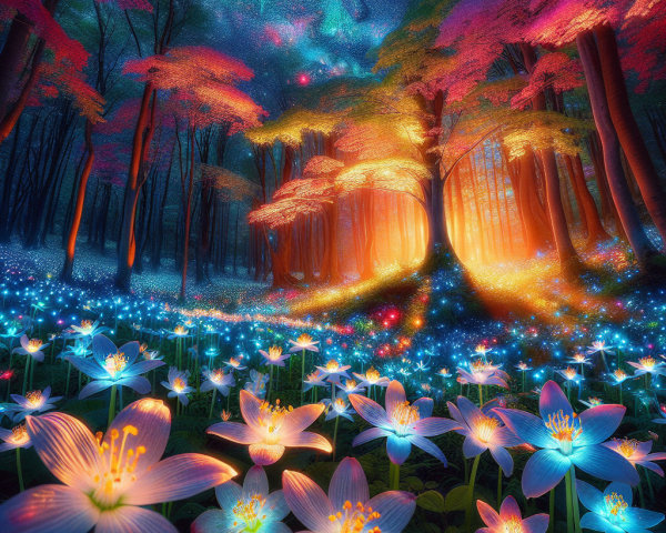 Magical forest with twilight glow and vibrant colors