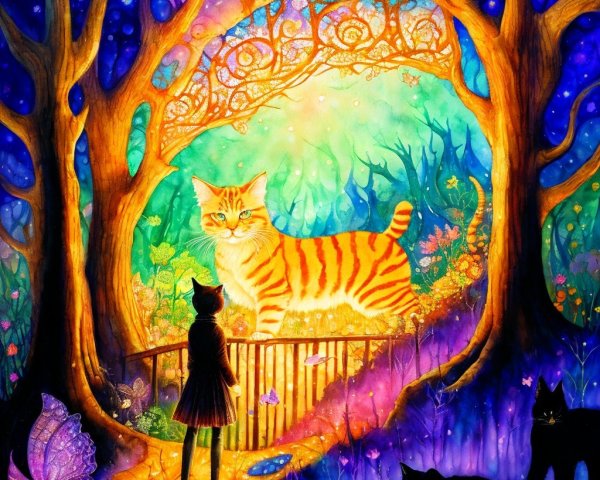 Whimsical Forest Scene with Giant Orange Tabby Cat