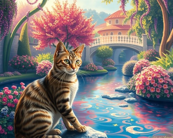 Bengal Cat by Colorful Stream and Elegant Mansion
