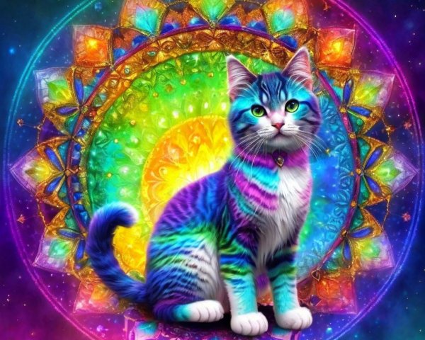Multicolored Cat Against Psychedelic Mandala Background