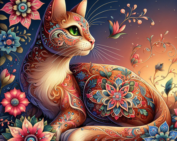 Decorative Cat with Floral Patterns in Twilight Glow
