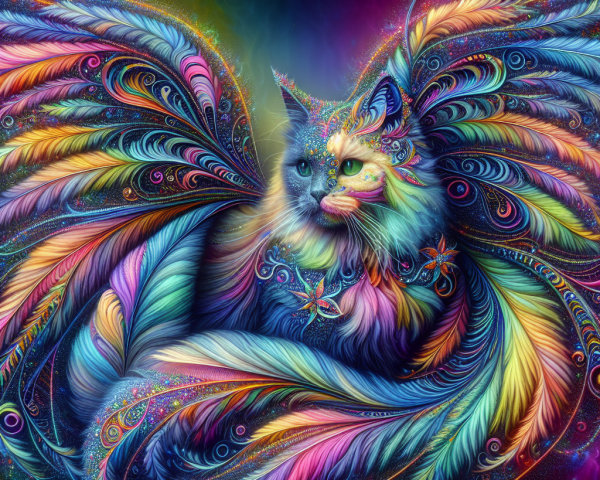 Vibrant Cat with Colorful Wings in Cosmic Setting