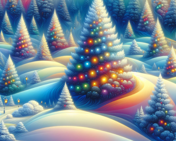 Whimsical Winter Landscape with Colorful Christmas Trees