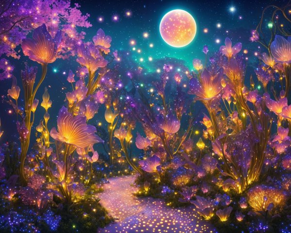 Whimsical Night Scene in a Vibrant Garden