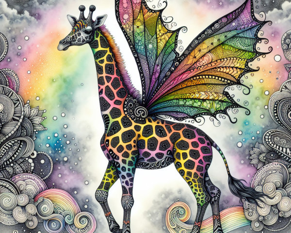 Whimsical Giraffe with Butterfly Wings in Dreamy Setting
