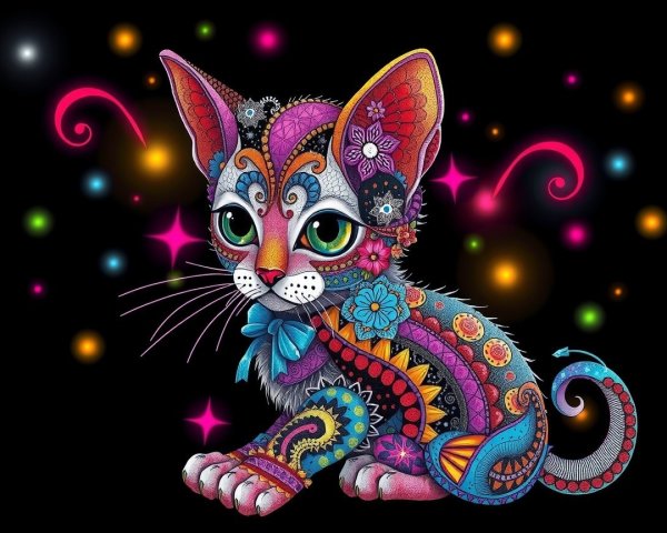 Colorful Intricate Cat Design with Floral Patterns
