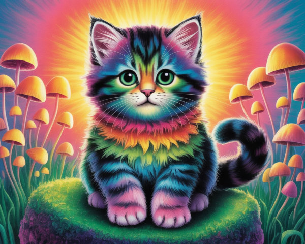 Colorful Kitten on Green Patch with Fantasy Elements