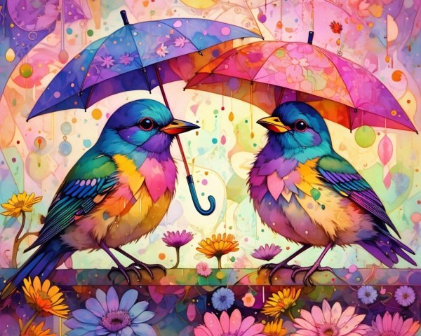 Vibrant Birds Under Colorful Floral Umbrellas