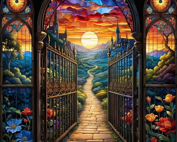 Stained Glass Depiction of an Enchanting Pathway