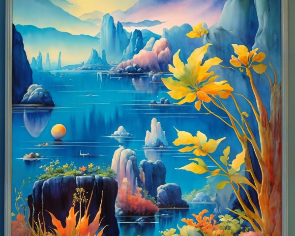 Vibrant Landscape with Blue Lake and Mountains