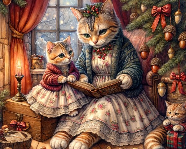 Cozy Holiday Scene with Cat and Kitten by Window