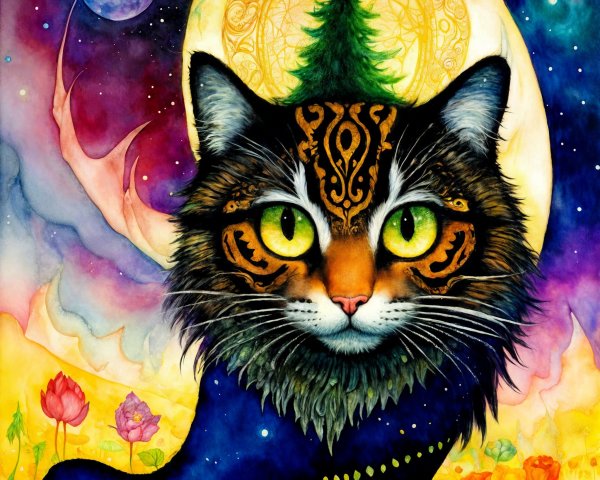 Majestic Cat Illustration with Tribal Patterns and Colors