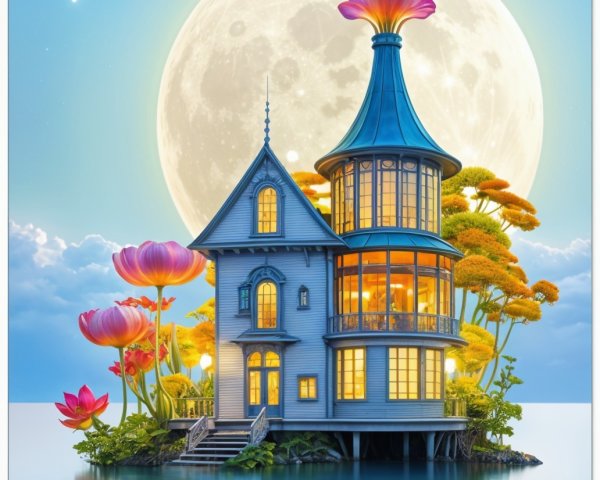 Whimsical Light Blue House with Lotus Flowers on Water