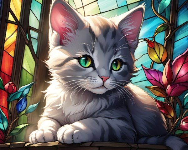 Gray Kitten Against Colorful Stained Glass Background
