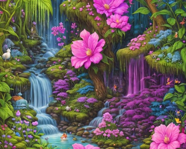 Lush Greenery and Waterfalls in a Serene Landscape