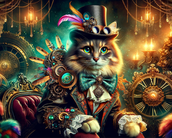 Regal Cat in Steampunk Outfit in Opulent Room