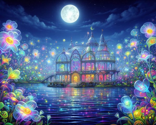 Bioluminescent garden with neon flowers and conservatory