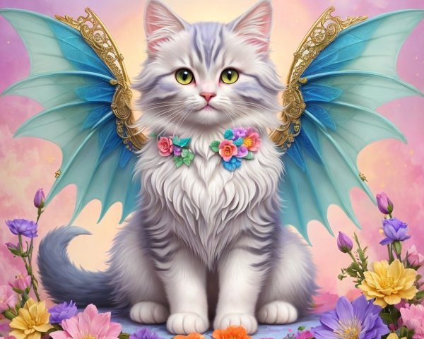 Whimsical Cat with Wings and Floral Collar in Pastels