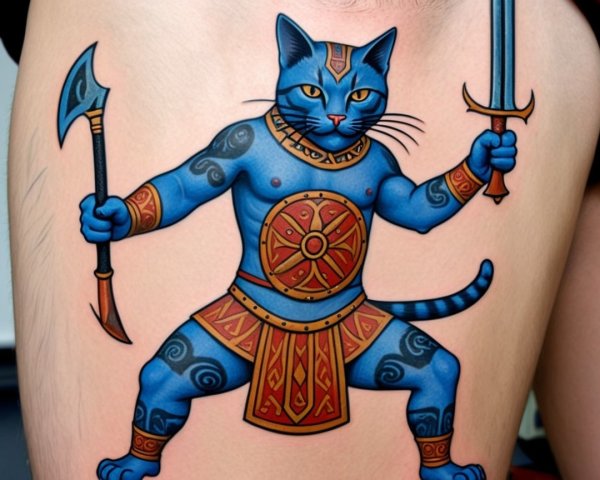 Vibrant Blue Cat Warrior Tattoo Design Description