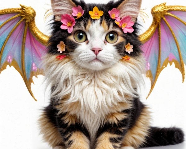 Calico Cat with Dragon Wings and Floral Hair Decorations