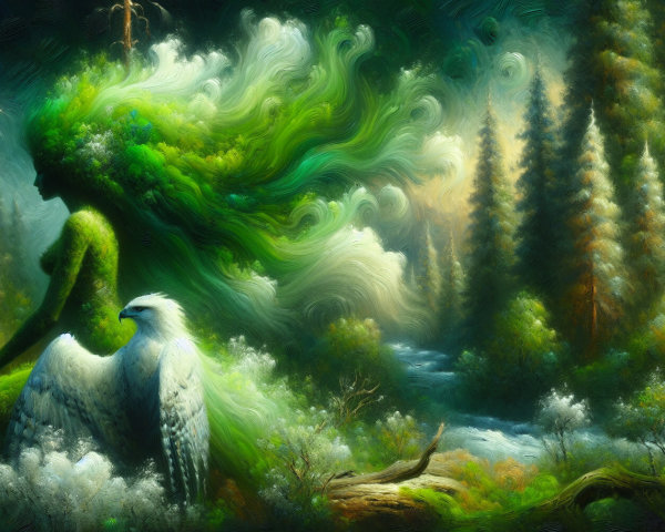 Mystical Forest Scene with Nature Figure and Eagle