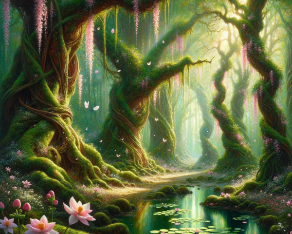 Magical Forest with Ancient Trees and Blossoms