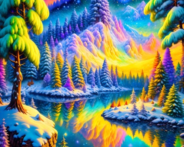 Surreal Winter Landscape with Colorful Aurora and Lake