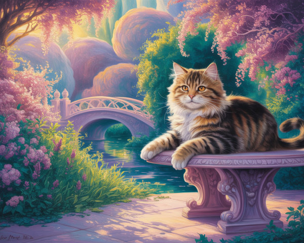 Majestic cat on stone bench in vibrant floral setting