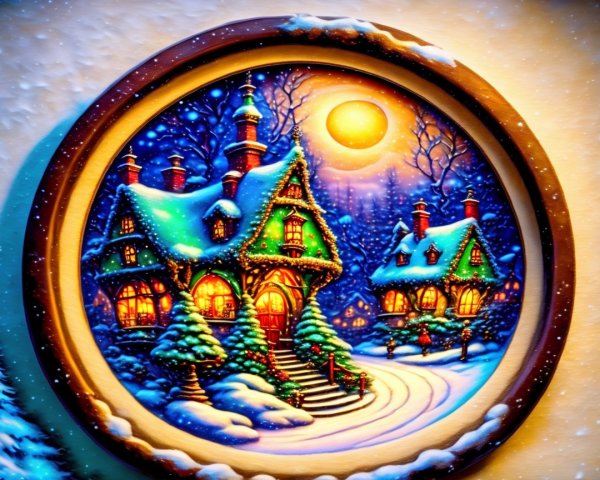 Cozy Winter Scene with Cottages and Snowy Landscape