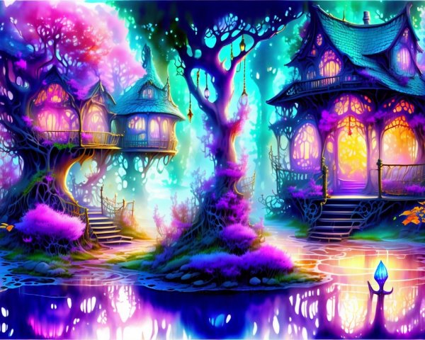 Whimsical Nighttime Landscape with Enchanted Treehouses