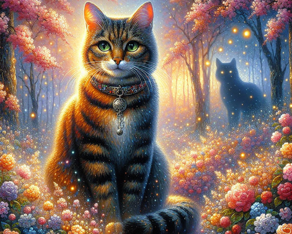 Majestic Tabby Cat in a Magical Flowering Forest