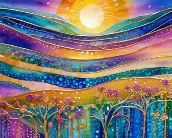 Vibrant Abstract Landscape with Colorful Hills and Sun