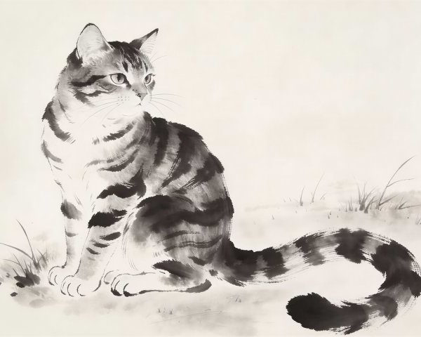 Ink Wash Painting of a Tabby Cat on Taupe Ground