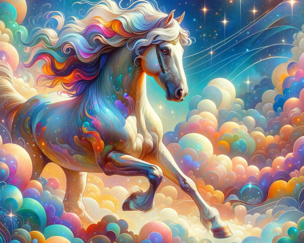 Majestic white horse in vibrant cosmic landscape