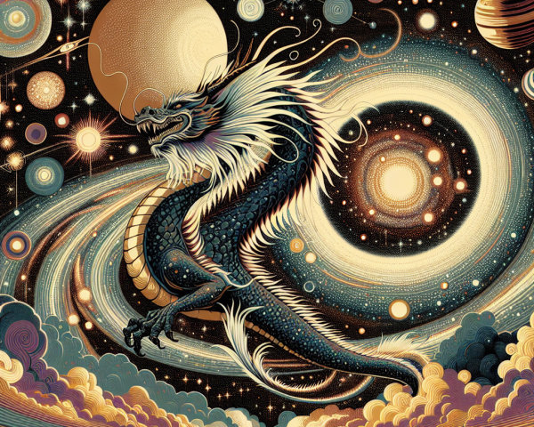 Mythical dragon in a cosmic landscape with galaxies