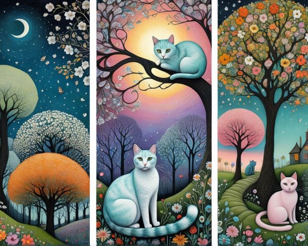 Whimsical Triptych of Nature Scenes with Cats