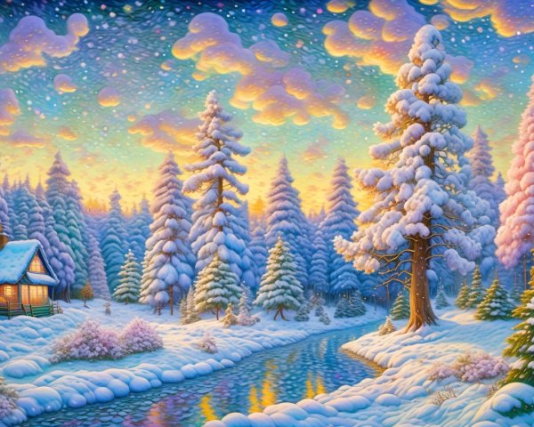 Serene Winter Landscape with Snowy Pines and Cottage