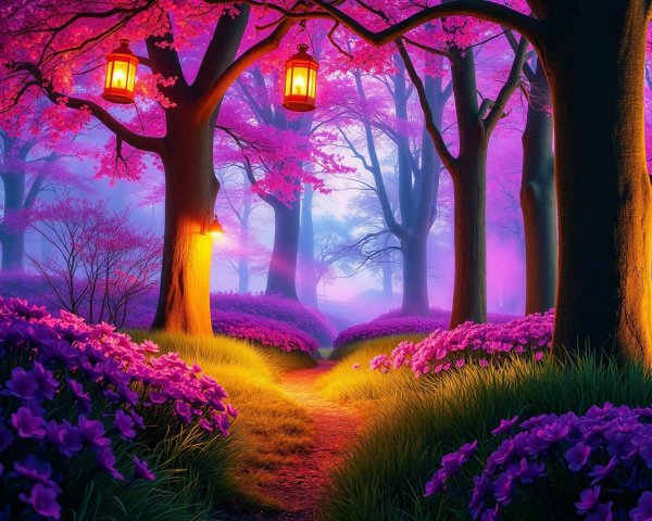 Vibrant Fairy Forest at Sunrise with Colorful Flora