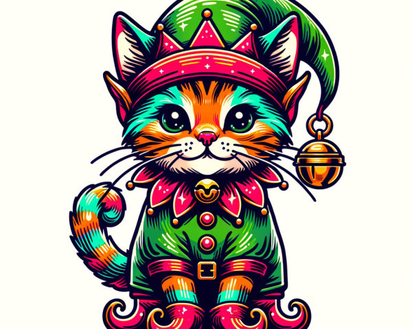 Colorful Cartoon Cat in Playful Elf Costume